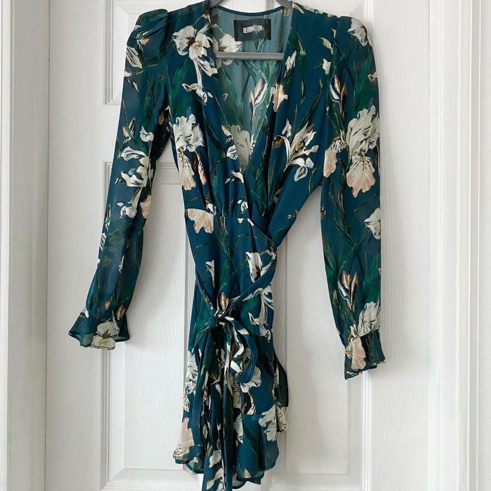 Reformation long-sleeved mini wrap dress with deep V neck